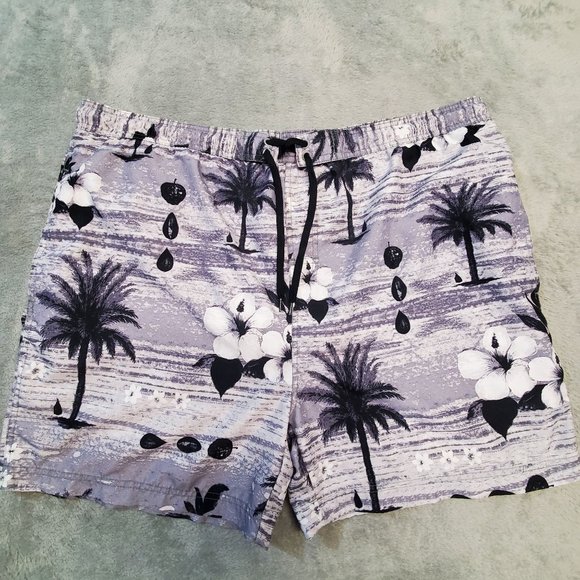 Sand N Sun Men's Size L Black White Hawaiian Tropical Mesh Lined Swim Trunks - Picture 3 of 11